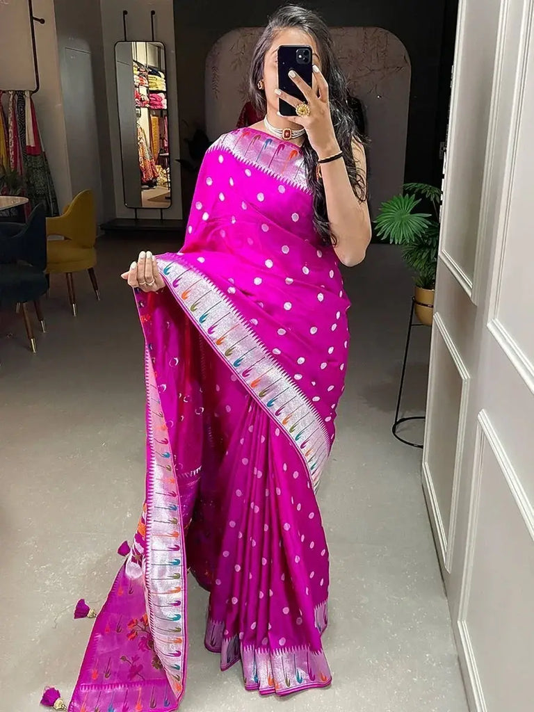 Hypnotic Rani Pink Zari Weaved Viscose Festive Wear Saree With Blouse
