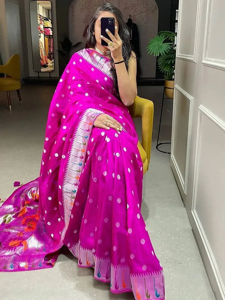 Hypnotic Rani Pink Zari Weaved Viscose Festive Wear Saree With Blouse