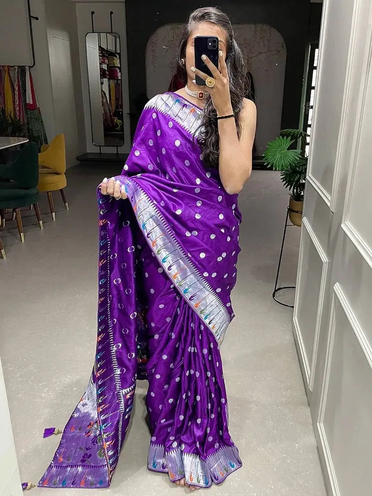Exquisite Purple Zari Weaved Viscose Marriage Wear Saree With Blouse