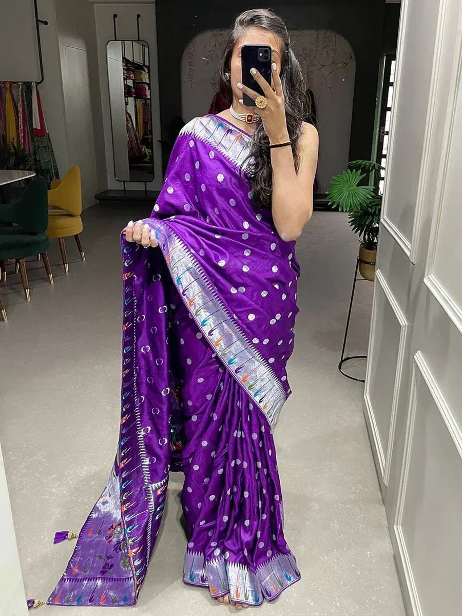 Exquisite Purple Zari Weaved Viscose Marriage Wear Saree With Blouse