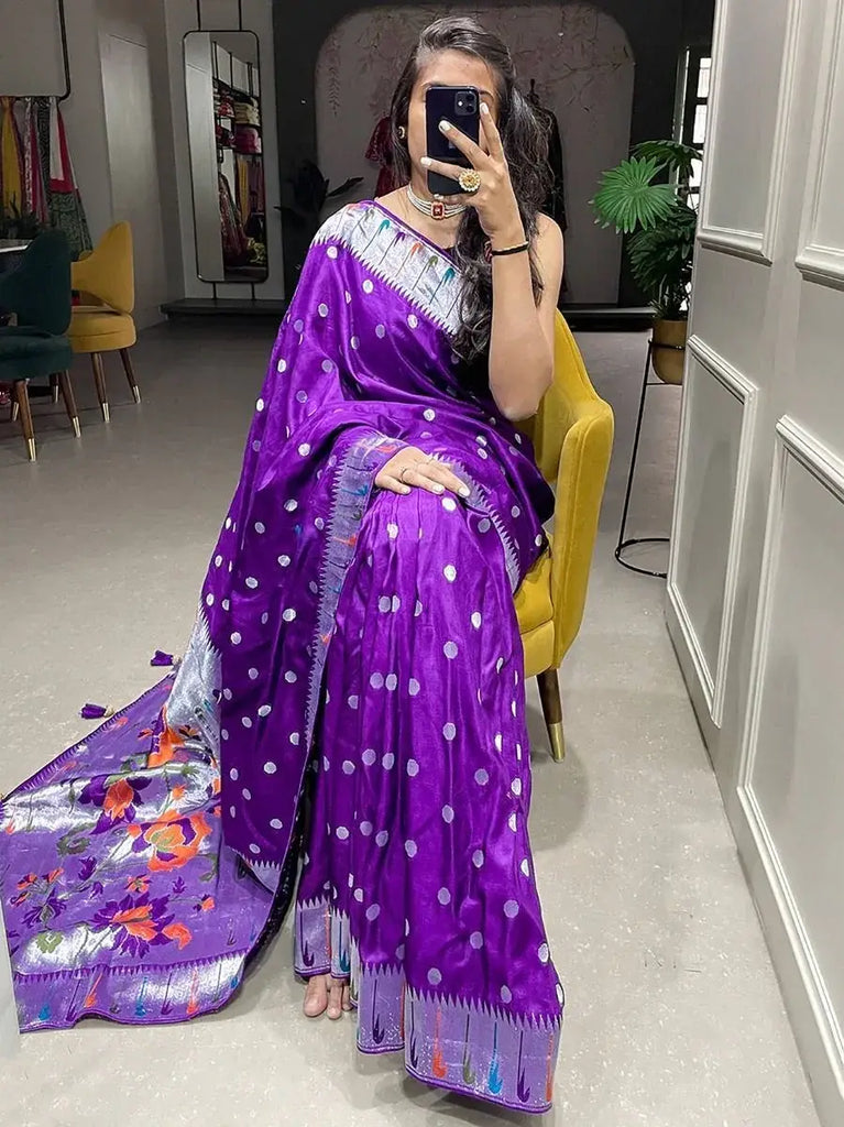 Exquisite Purple Zari Weaved Viscose Marriage Wear Saree With Blouse
