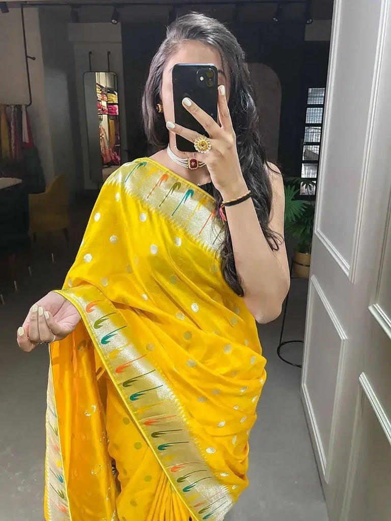 Elegant Yellow Zari Weaved Viscose Marriage Wear Saree With Blouse