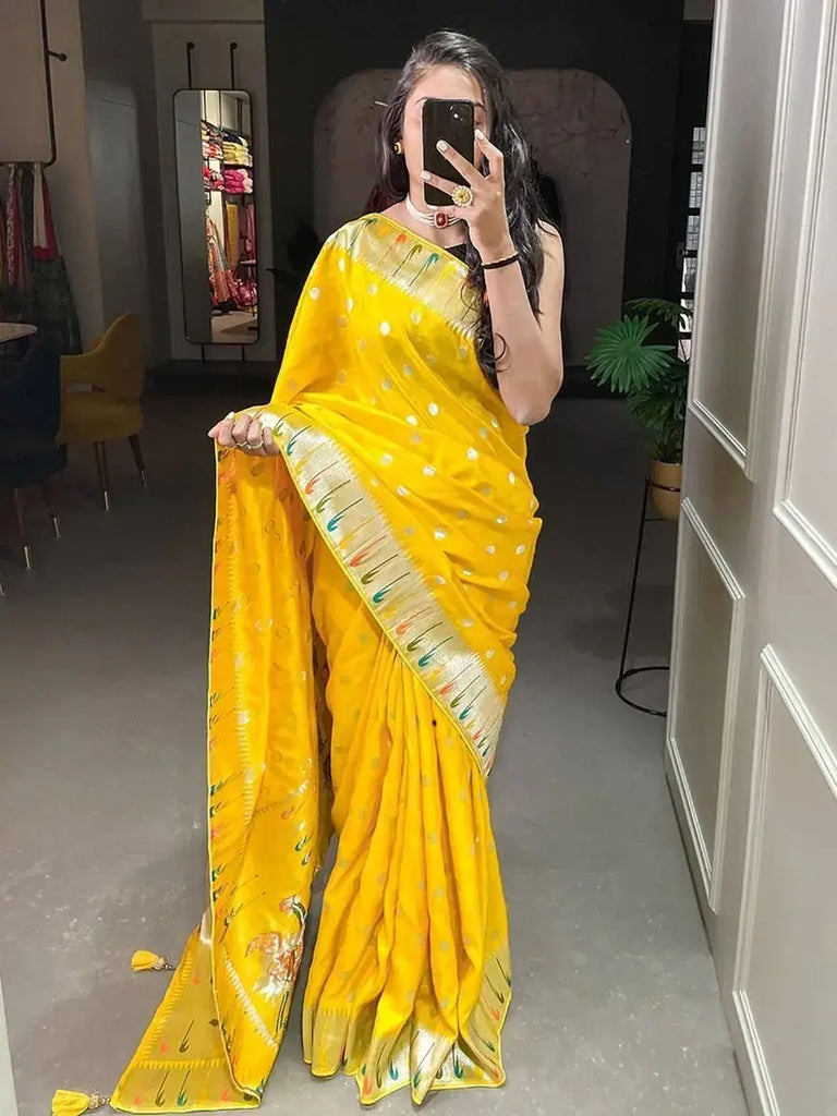 Elegant Yellow Zari Weaved Viscose Marriage Wear Saree With Blouse