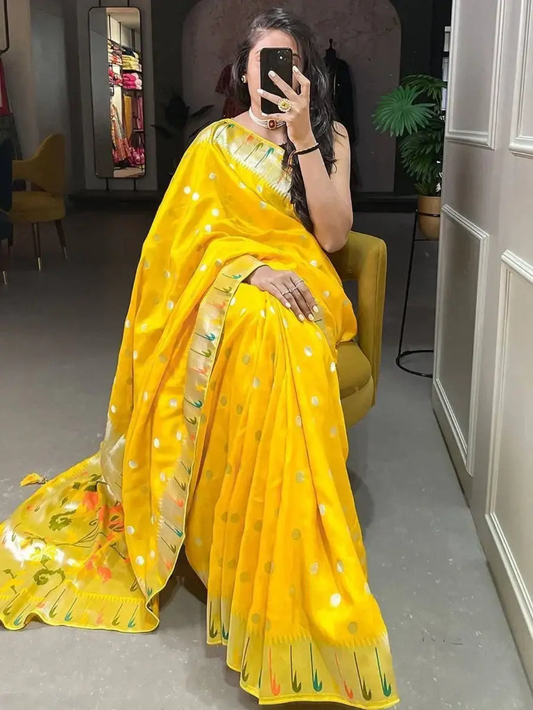 Elegant Yellow Zari Weaved Viscose Marriage Wear Saree With Blouse