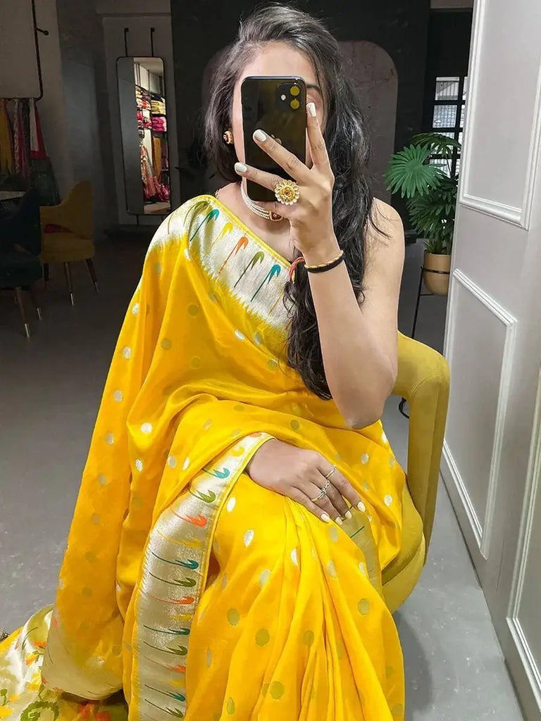 Elegant Yellow Zari Weaved Viscose Marriage Wear Saree With Blouse
