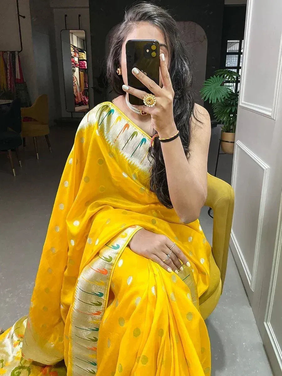 Elegant Yellow Zari Weaved Viscose Marriage Wear Saree With Blouse