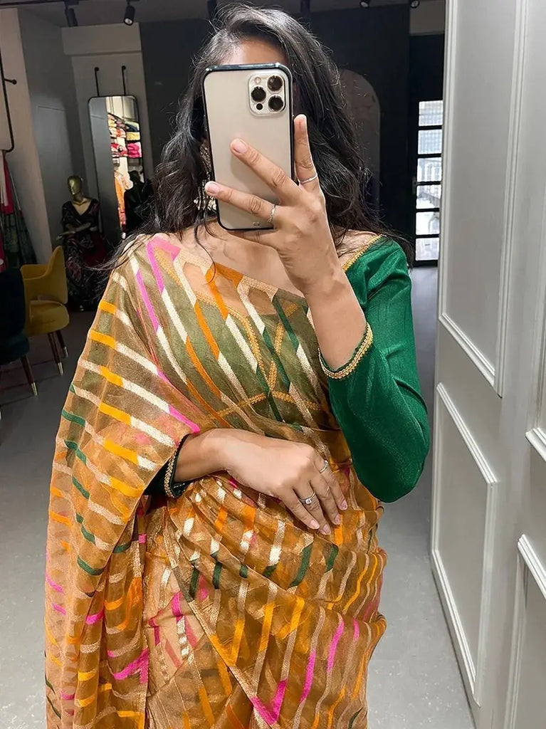 Cheerful Orange Zari Weaved Organza Party Look Saree With Blouse