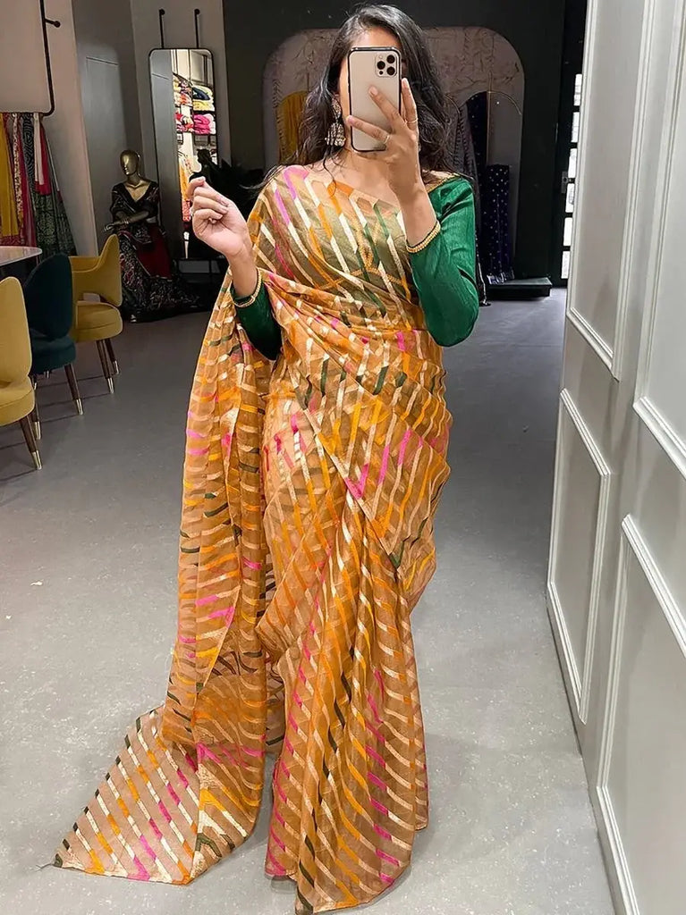 Cheerful Orange Zari Weaved Organza Party Look Saree With Blouse