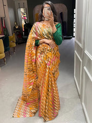 Cheerful Orange Zari Weaved Organza Party Look Saree With Blouse