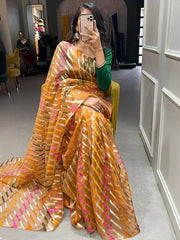 Cheerful Orange Zari Weaved Organza Party Look Saree With Blouse