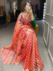Enthusiastic Pink Zari Weaved Organza Party Look Saree With Blouse