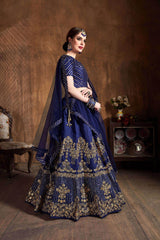 Navy Blue Zari Embroidery Art Silk Bridal Lehenga Choli With Dupatta