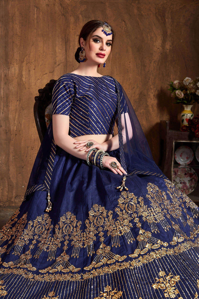 Navy Blue Zari Embroidery Art Silk Bridal Lehenga Choli With Dupatta