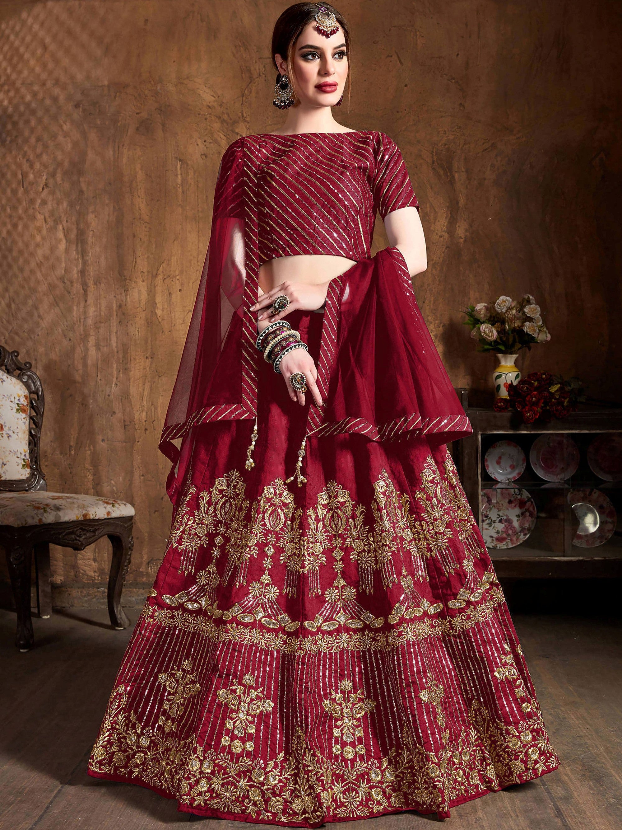 Adoring Maroon Embroidered Silk Bridesmaid Plus Size Lehenga Choli