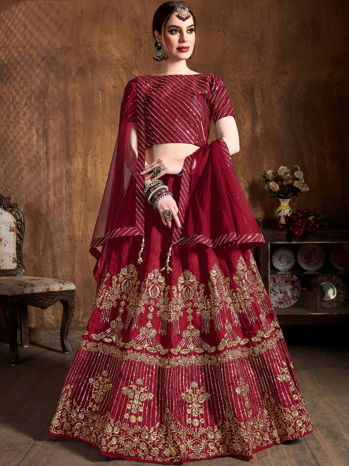 Adoring Maroon Embroidered Silk Bridesmaid Plus Size Lehenga Choli