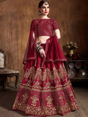 Adoring Maroon Embroidered Silk Bridesmaid Plus Size Lehenga Choli