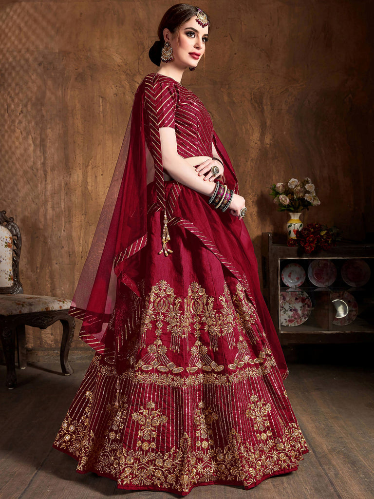 Adoring Maroon Embroidered Silk Bridesmaid Plus Size Lehenga Choli