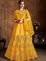 Alluring Yellow Embroidered Silk Haldi Wear Plus Size Lehenga Choli