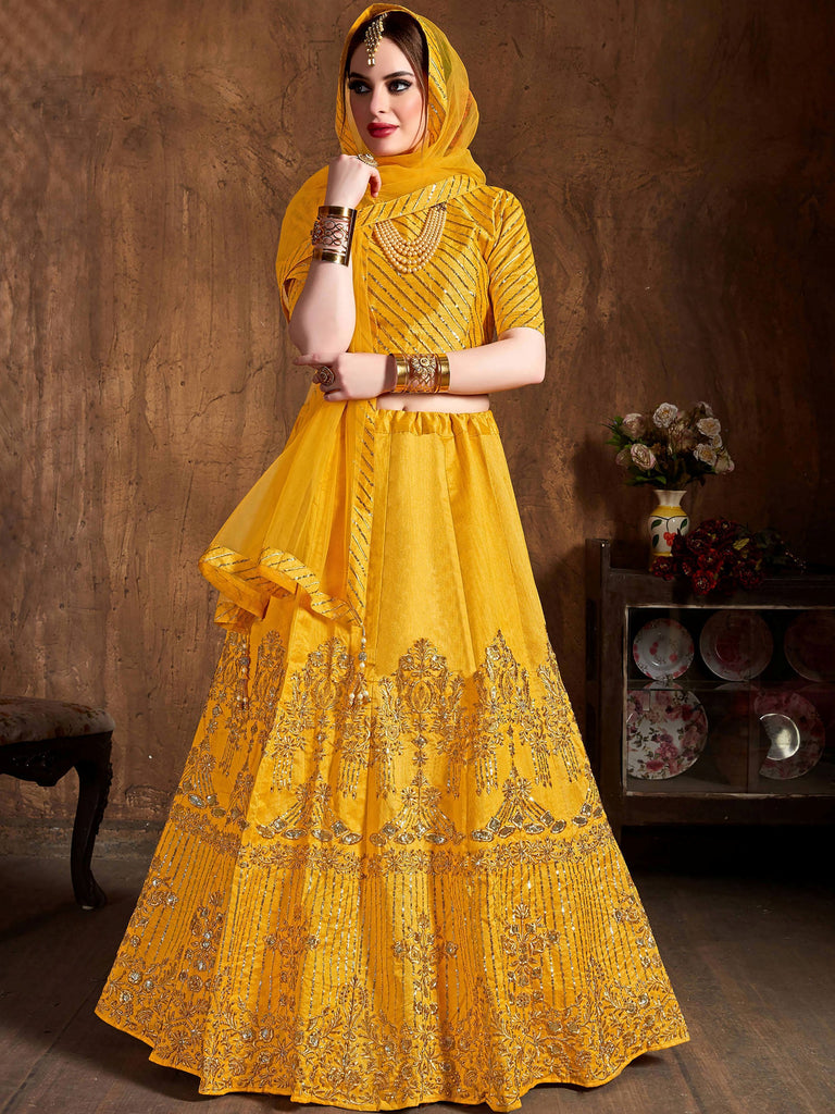 Alluring Yellow Embroidered Silk Haldi Wear Plus Size Lehenga Choli