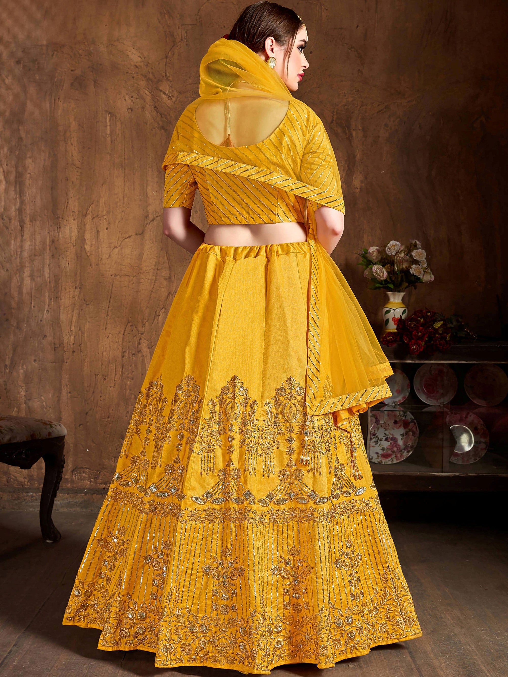 Alluring Yellow Embroidered Silk Haldi Wear Plus Size Lehenga Choli