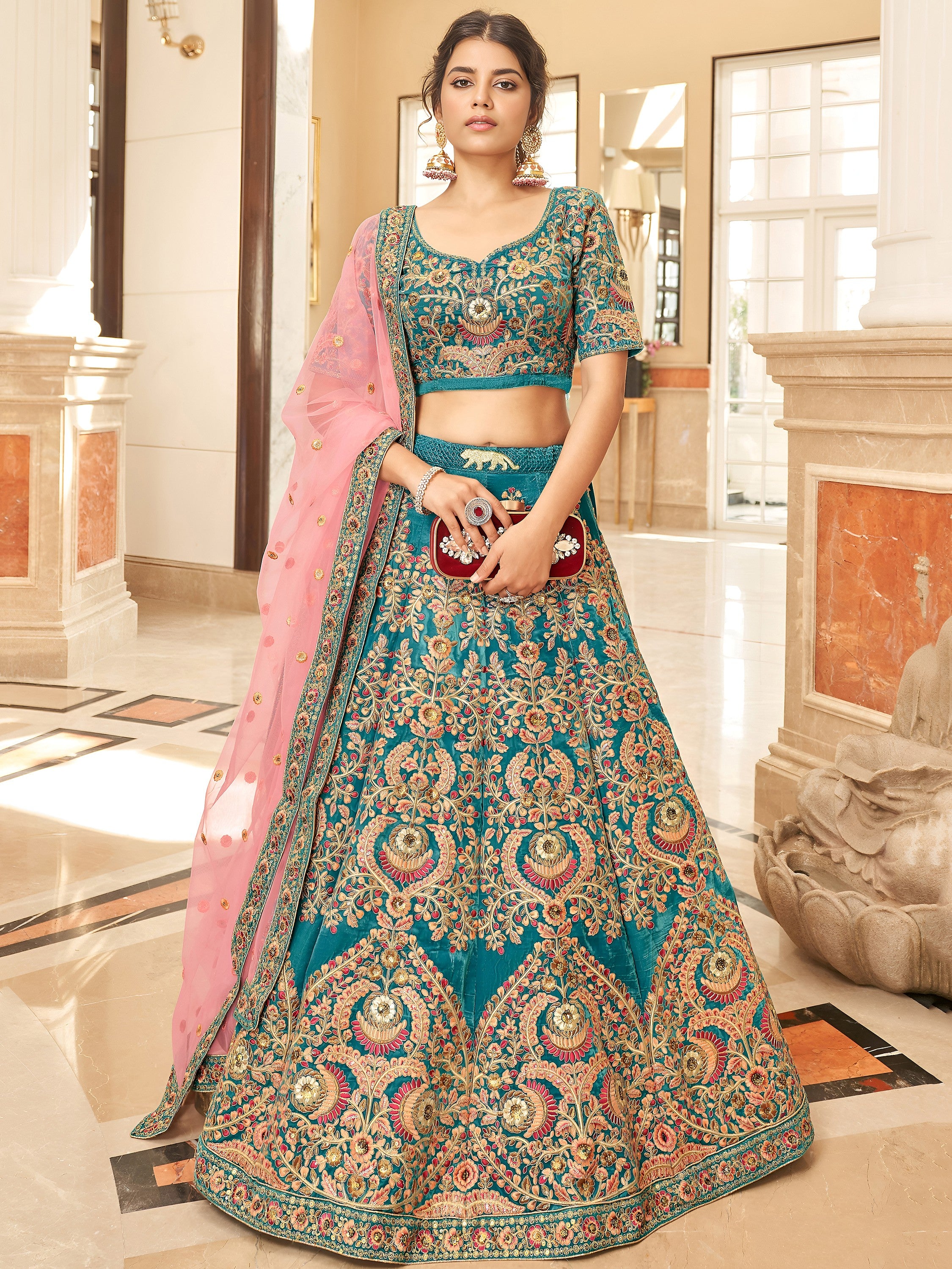 Precious Blue Embroidered Velvet Marriage Wear Plus Size Lehenga Choli