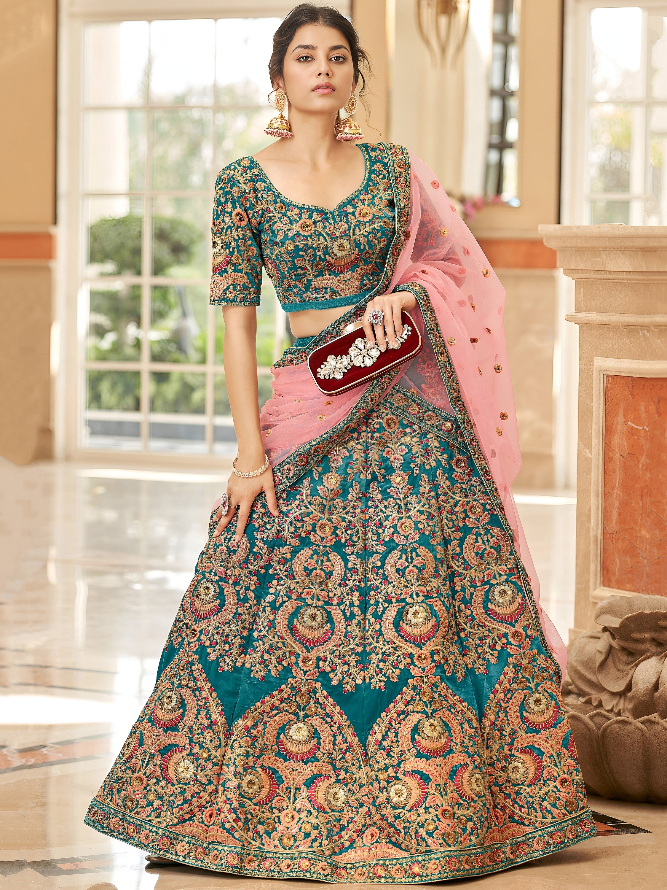 Precious Blue Embroidered Velvet Marriage Wear Plus Size Lehenga Choli