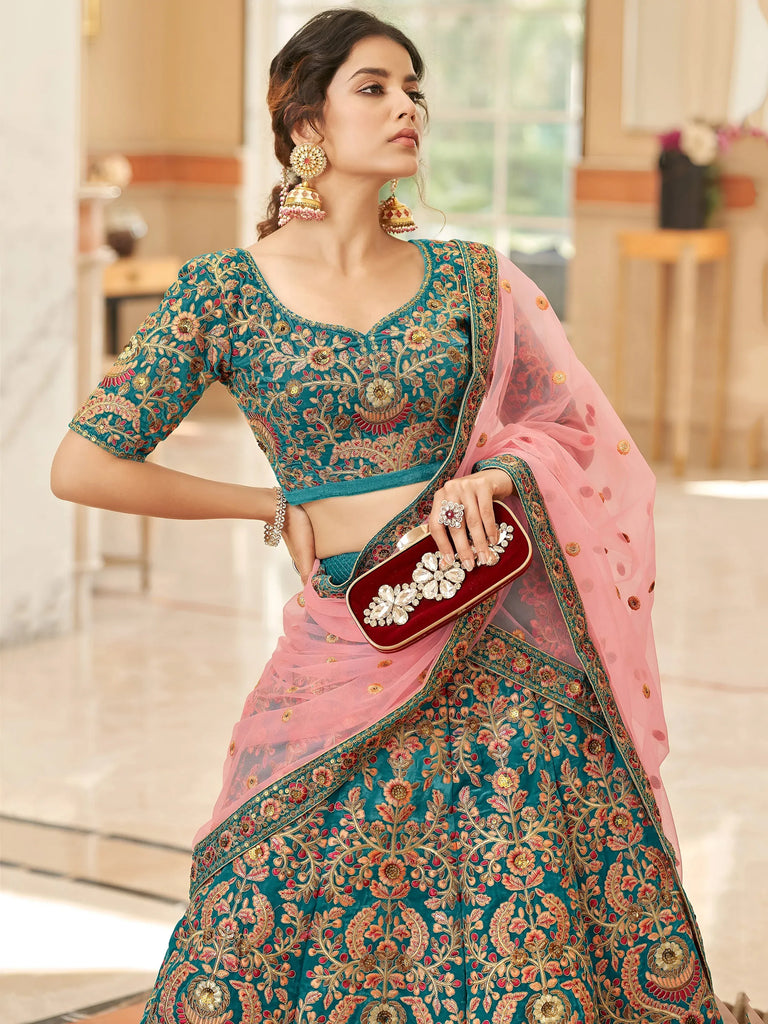 Ravishing Teal Blue Heavy Embroidered Velvet Bridesmaid Lehenga Choli