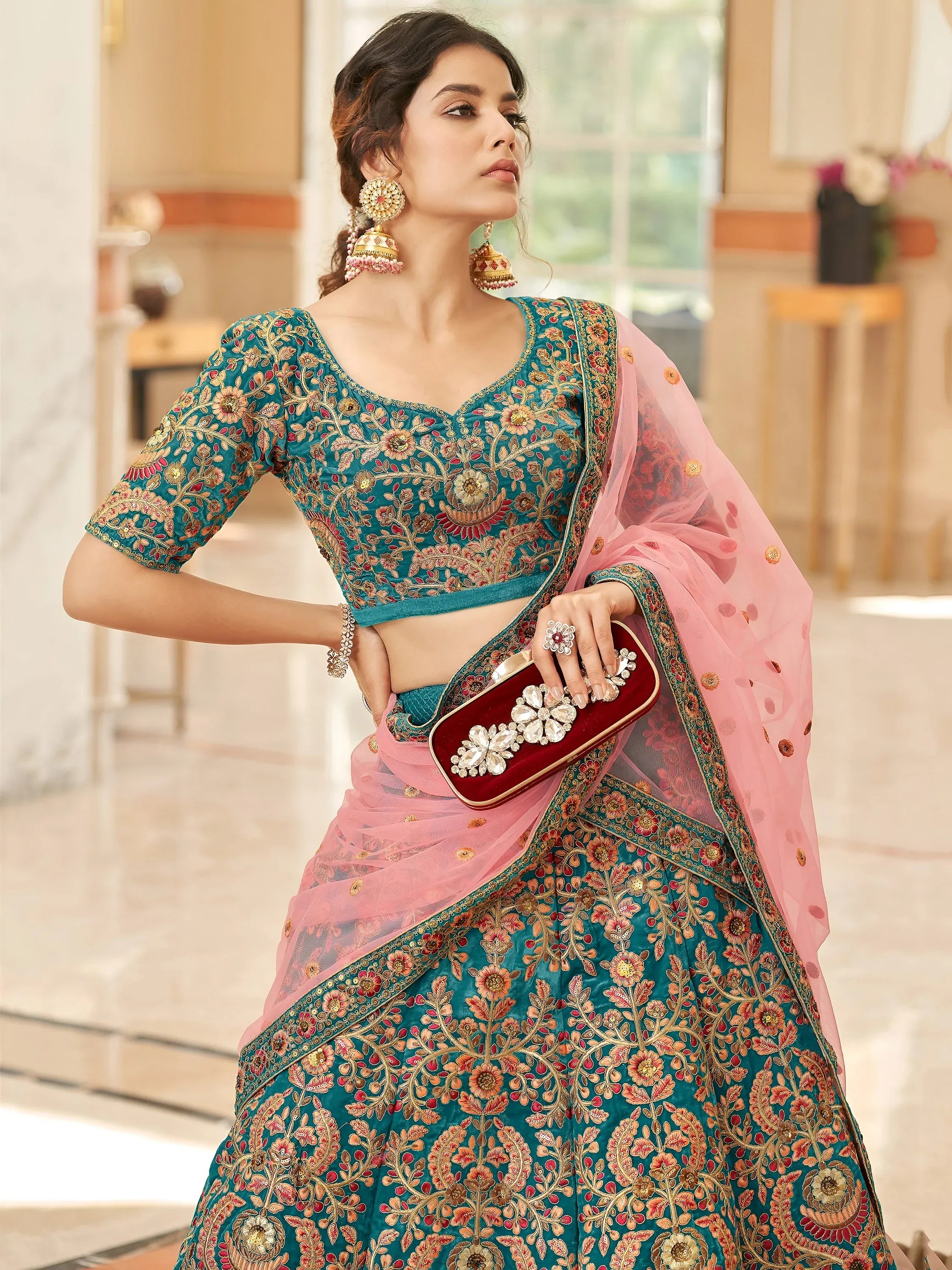 Ravishing Teal Blue Heavy Embroidered Velvet Bridesmaid Lehenga Choli
