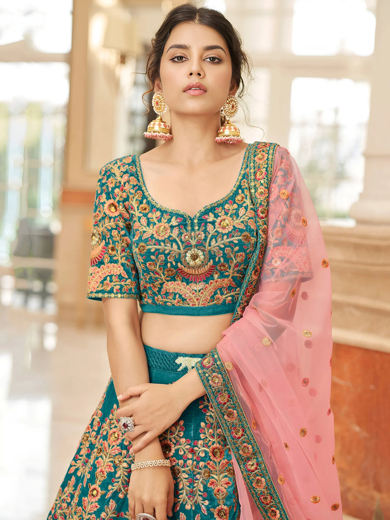 Ravishing Teal Blue Heavy Embroidered Velvet Bridesmaid Lehenga Choli