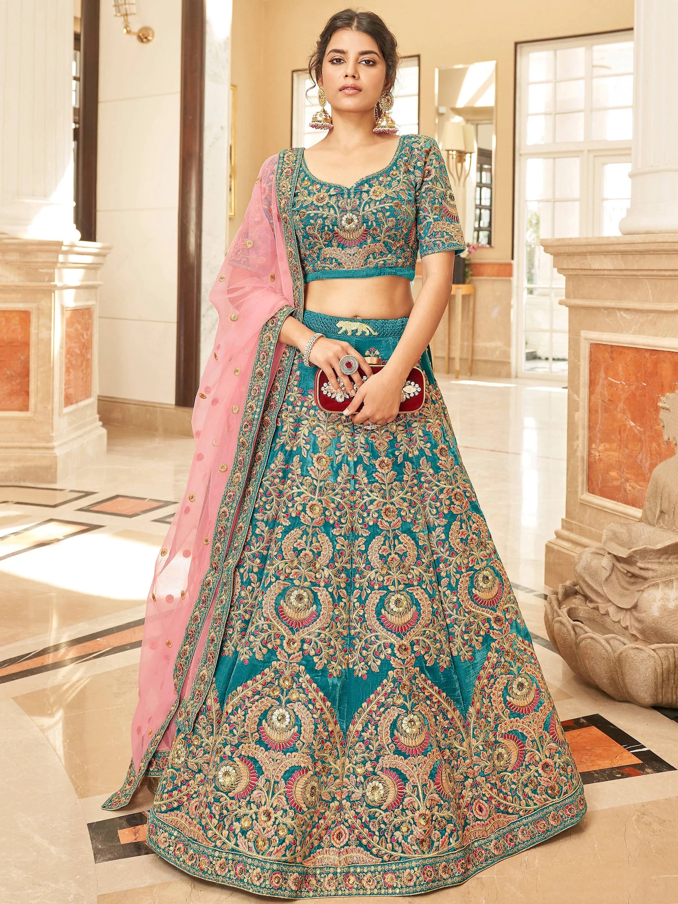 Precious Blue Embroidered Velvet Marriage Wear Plus Size Lehenga Choli