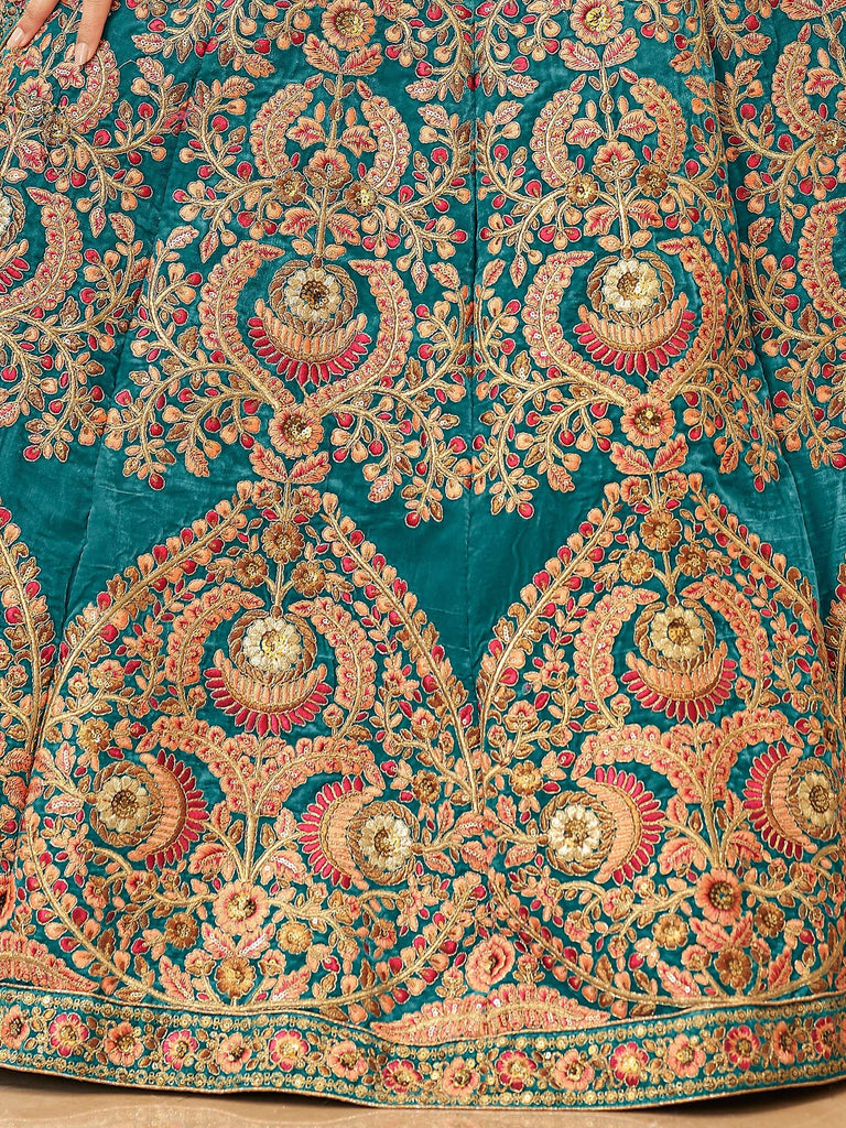 Ravishing Teal Blue Heavy Embroidered Velvet Bridesmaid Lehenga Choli