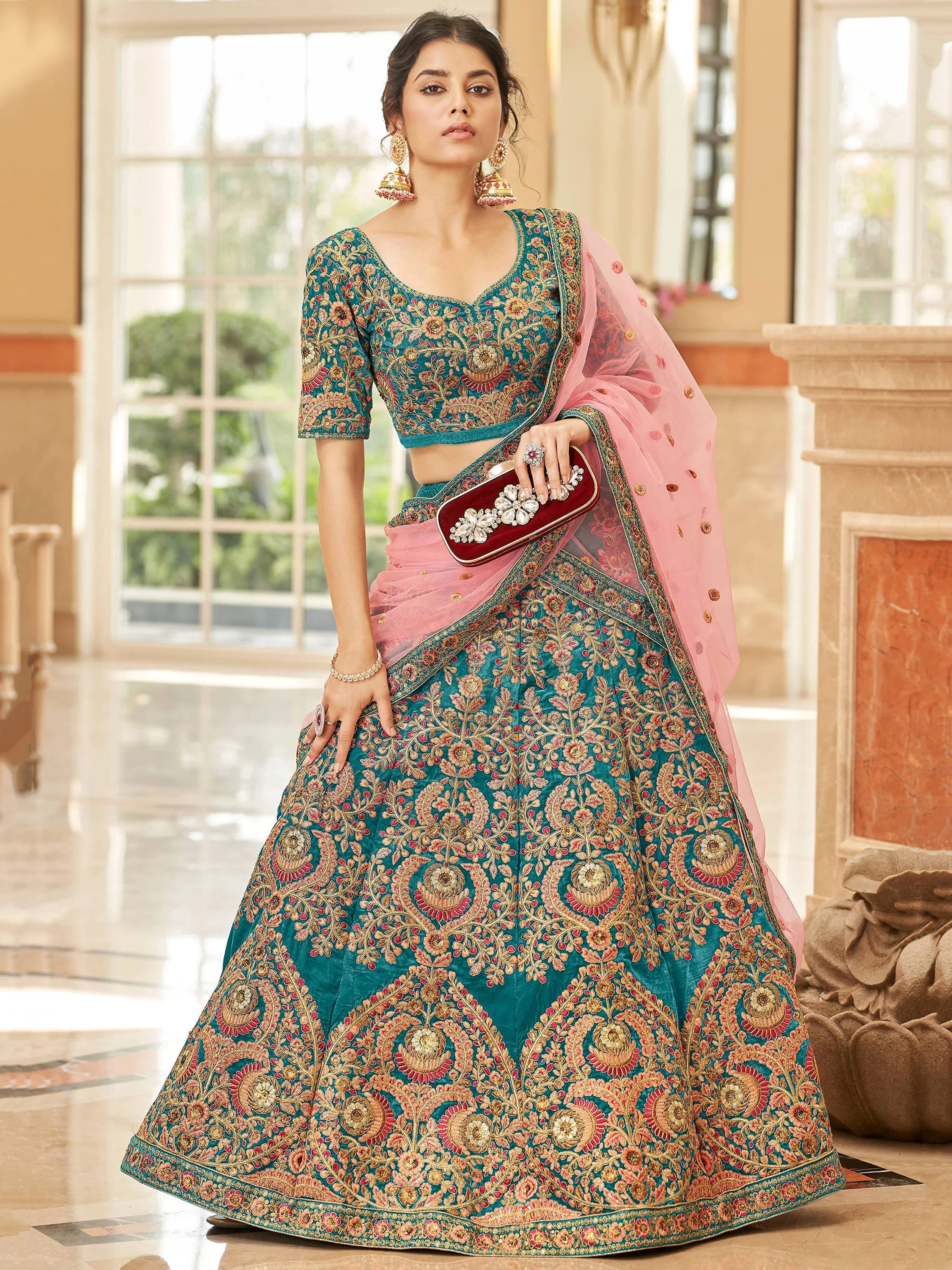 Precious Blue Embroidered Velvet Marriage Wear Plus Size Lehenga Choli