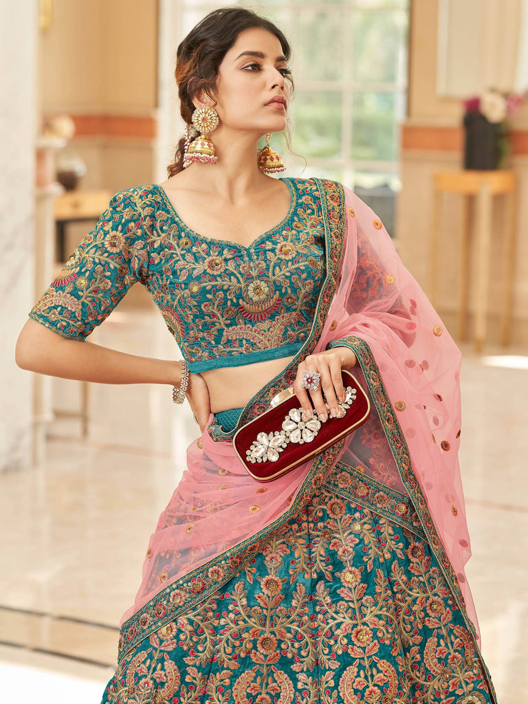 Ravishing Teal Blue Heavy Embroidered Velvet Bridesmaid Lehenga Choli