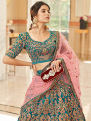 Ravishing Teal Blue Heavy Embroidered Velvet Bridesmaid Lehenga Choli