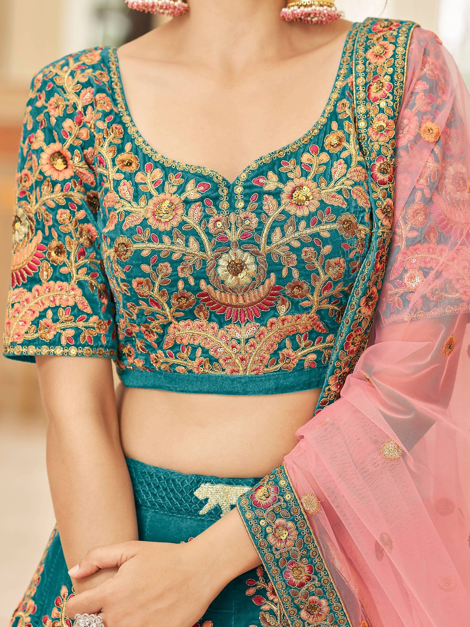 Ravishing Teal Blue Heavy Embroidered Velvet Bridesmaid Lehenga Choli
