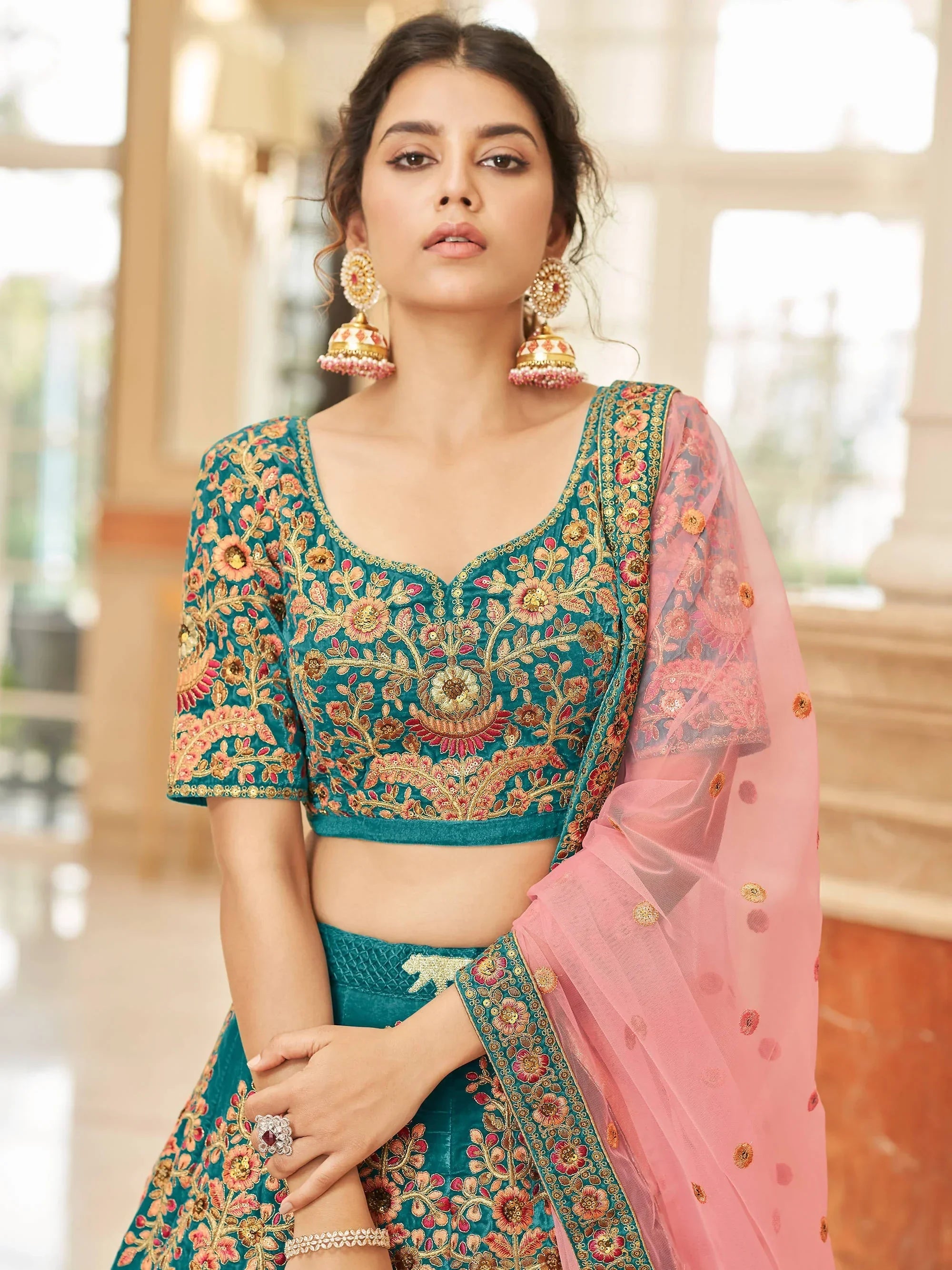 Ravishing Teal Blue Heavy Embroidered Velvet Bridesmaid Lehenga Choli