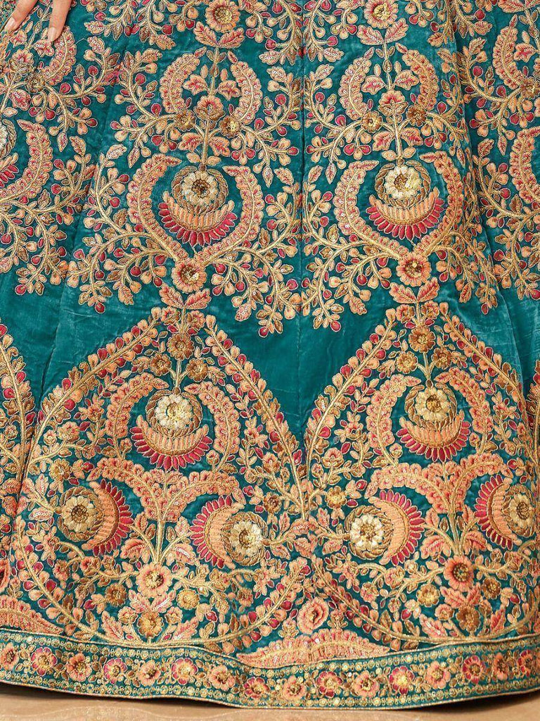 Ravishing Teal Blue Heavy Embroidered Velvet Bridesmaid Lehenga Choli