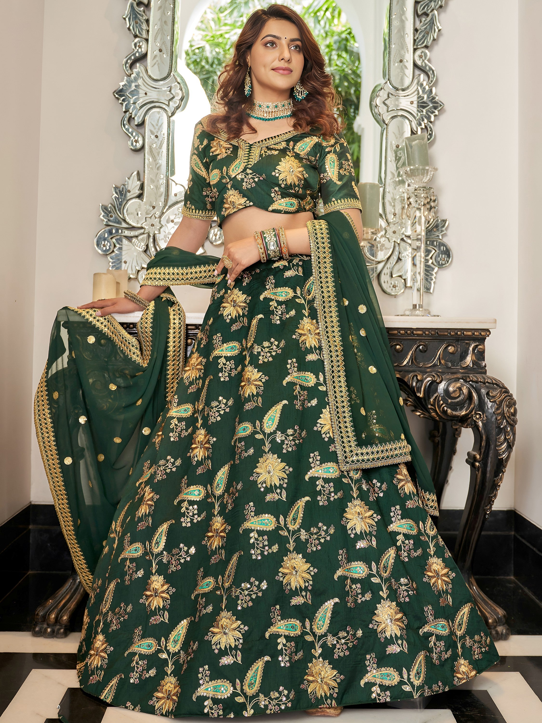 Prodigious Green Thread Embroidery Art Silk Wedding Lehenga Choli