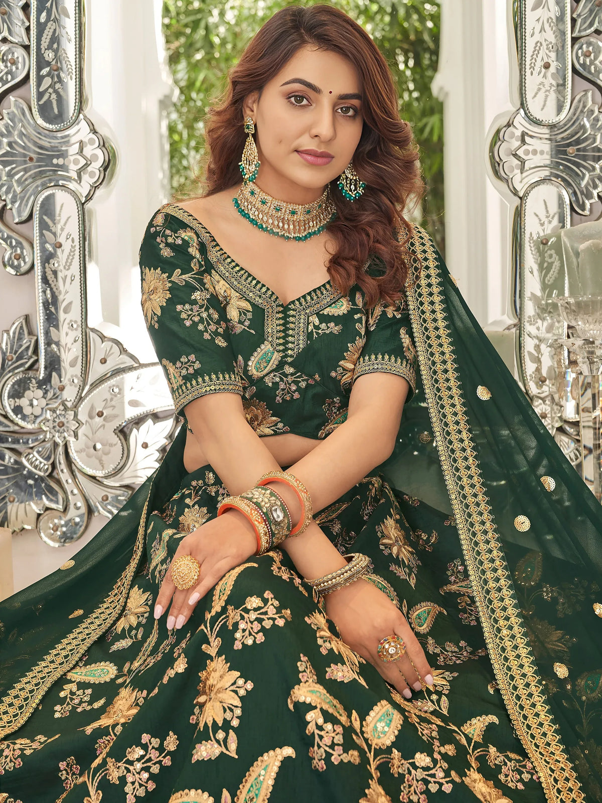 Prodigious Green Thread Embroidery Art Silk Wedding Lehenga Choli