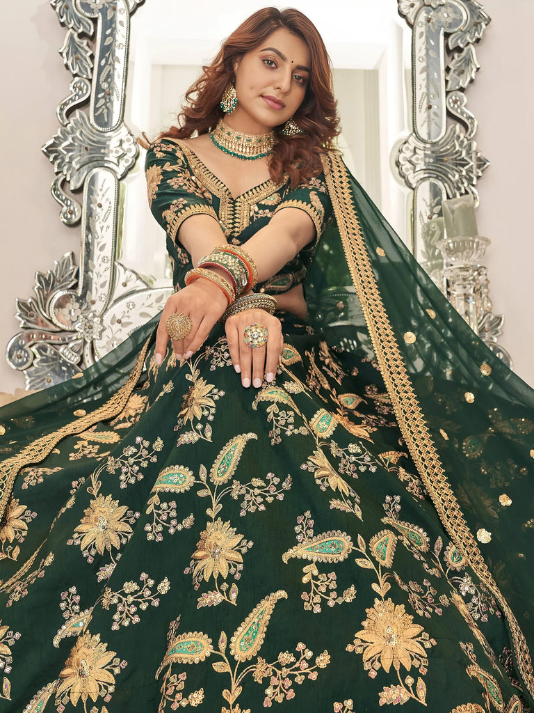 Prodigious Green Thread Embroidery Art Silk Wedding Lehenga Choli