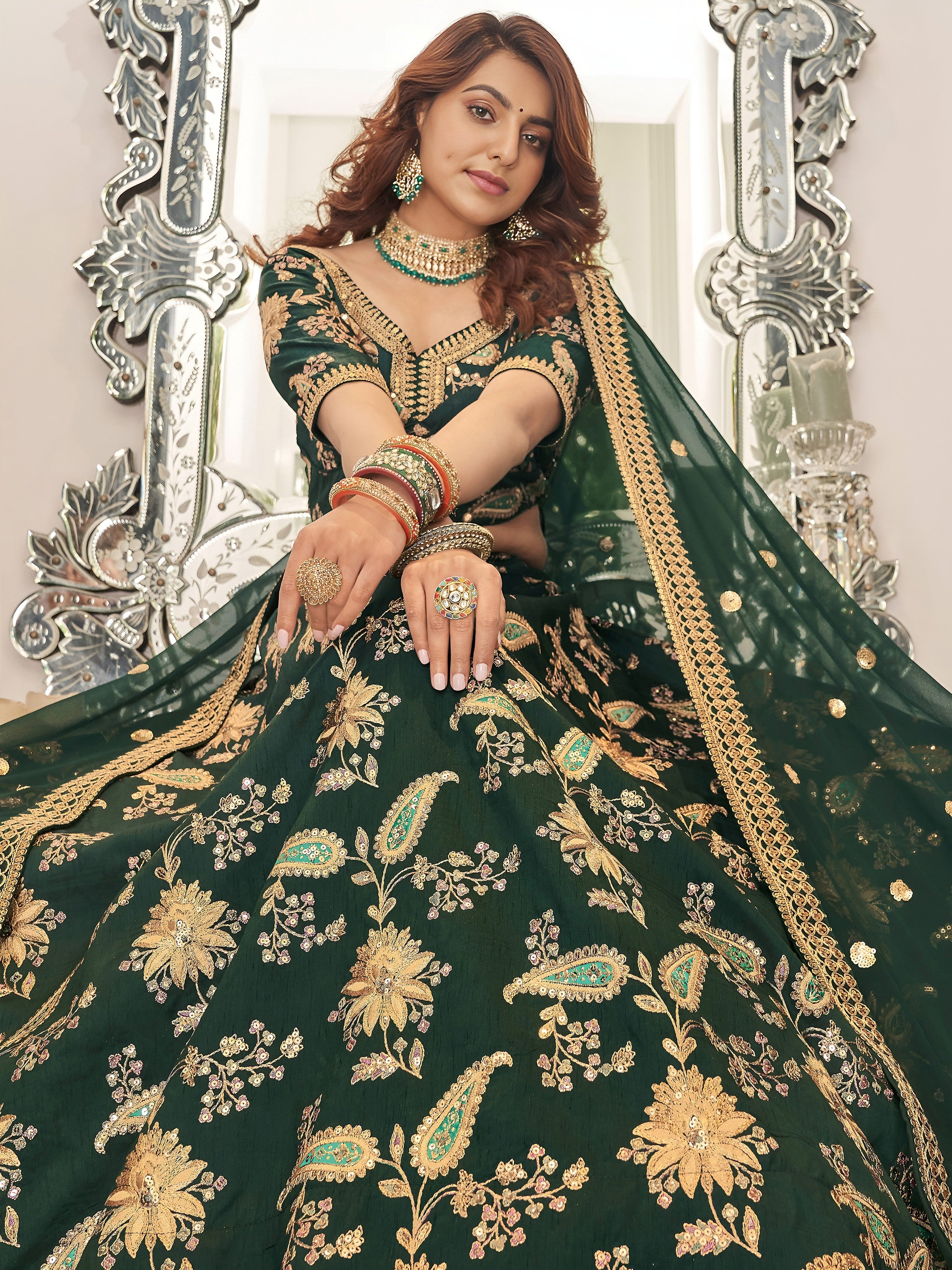 Prodigious Green Thread Embroidery Art Silk Wedding Lehenga Choli