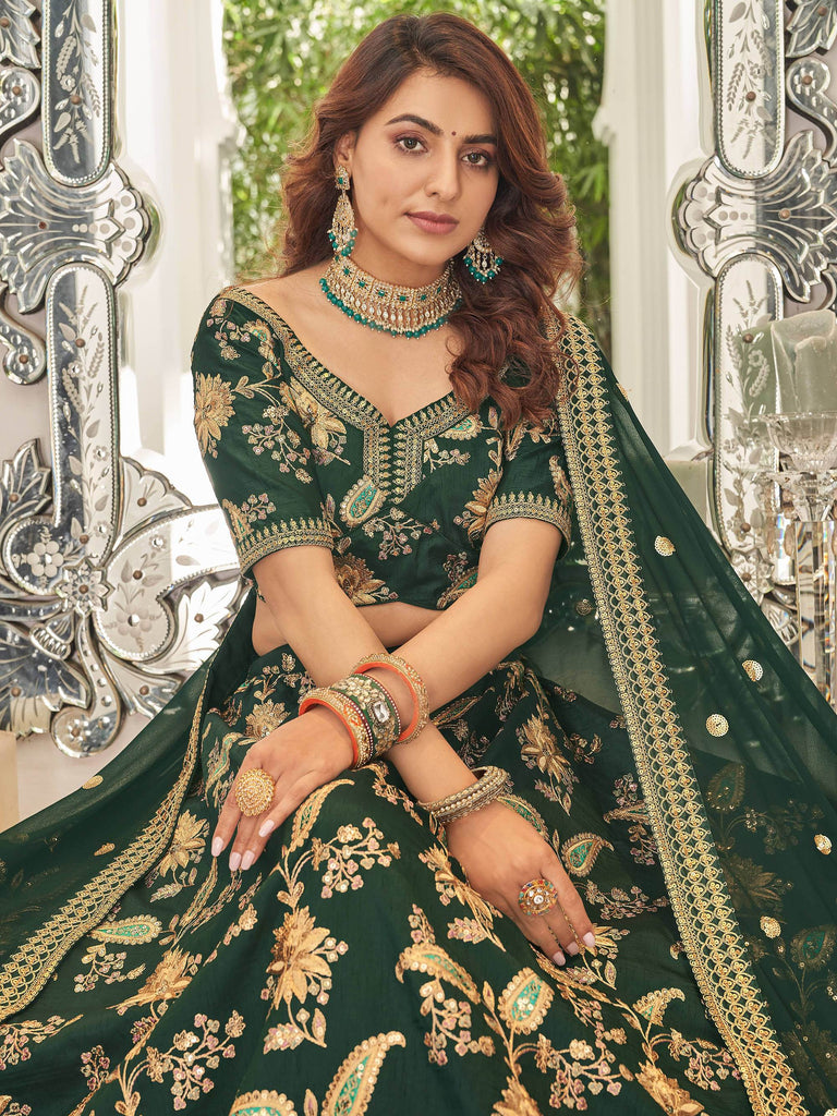 Prodigious Green Thread Embroidery Art Silk Wedding Lehenga Choli