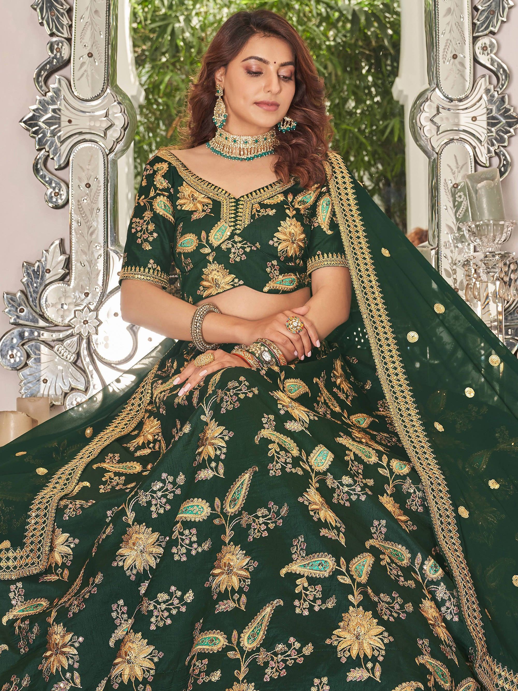 Prodigious Green Thread Embroidery Art Silk Wedding Lehenga Choli
