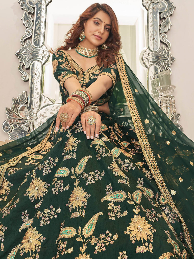 Prodigious Green Thread Embroidery Art Silk Wedding Lehenga Choli