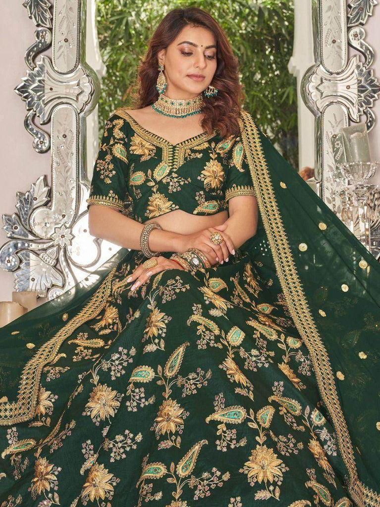 Prodigious Green Thread Embroidery Art Silk Wedding Lehenga Choli
