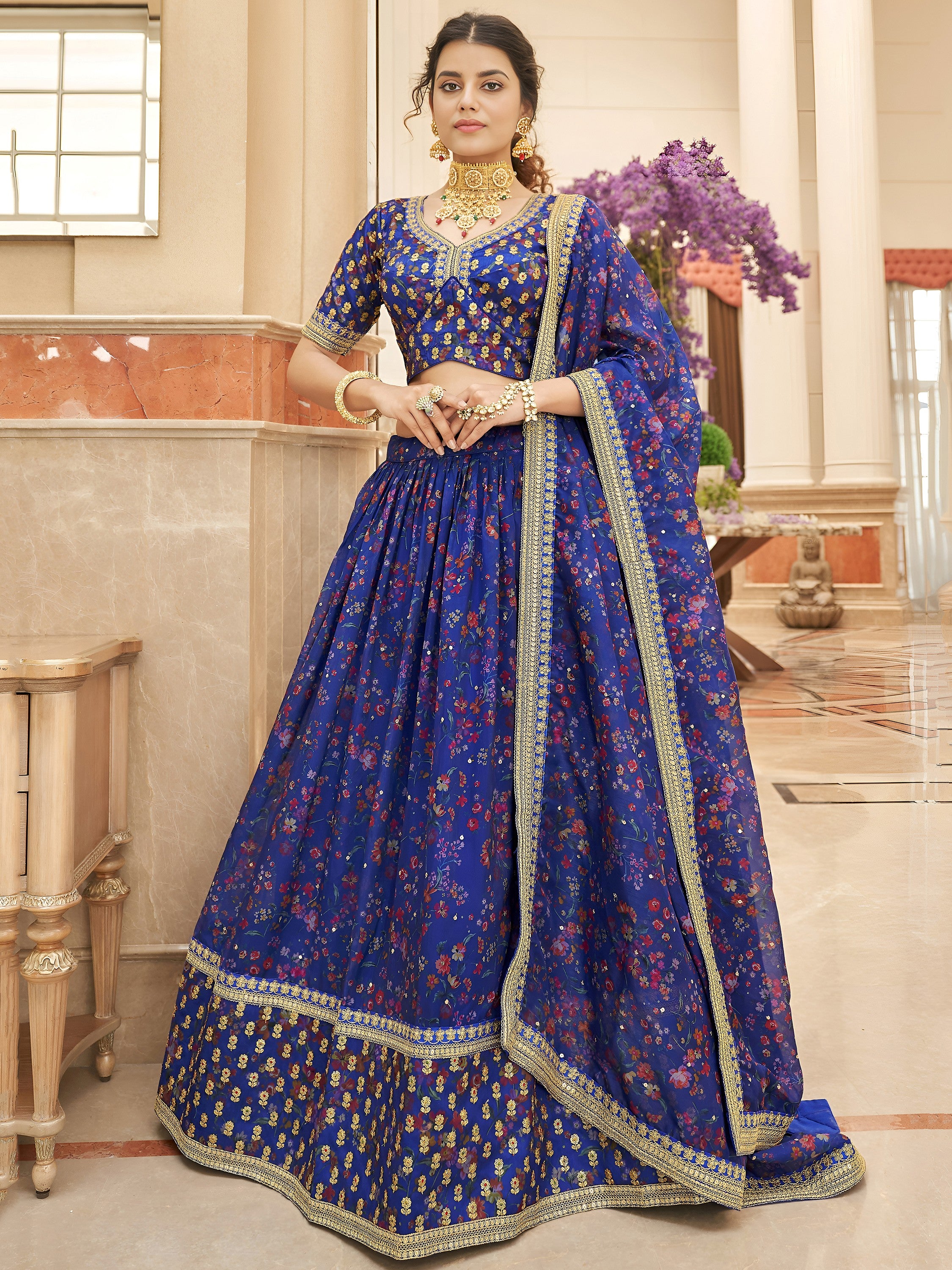 Majestic Blue Floral Printed Organza Bridesmaid Plus Size Lehenga Choli