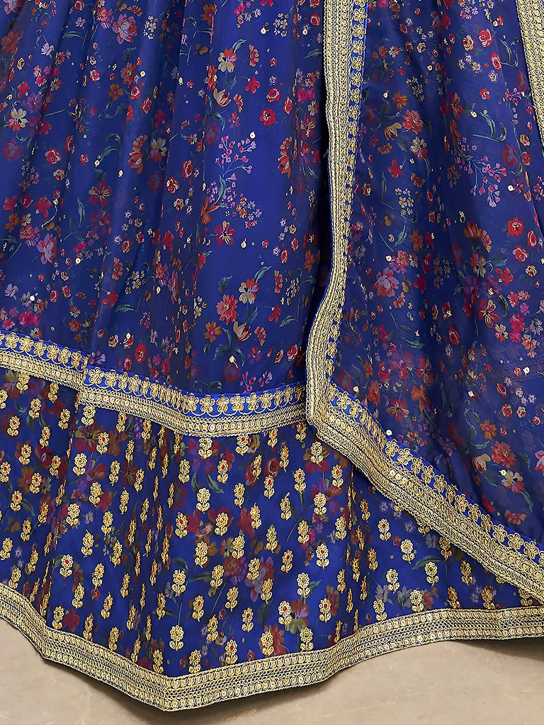 Majestic Blue Floral Printed Organza Bridesmaid Plus Size Lehenga Choli