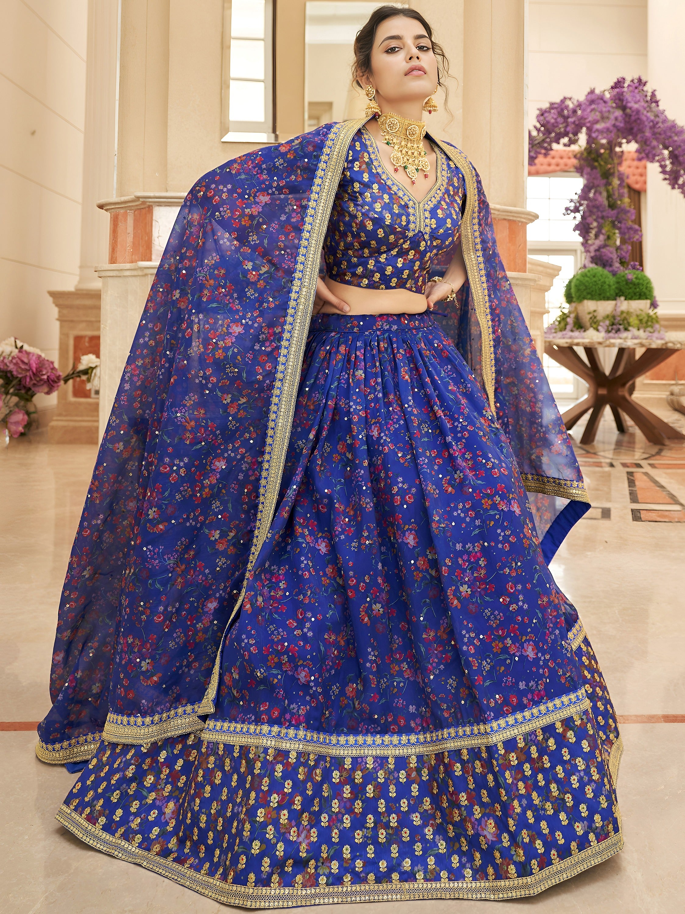 Majestic Blue Floral Printed Organza Bridesmaid Plus Size Lehenga Choli