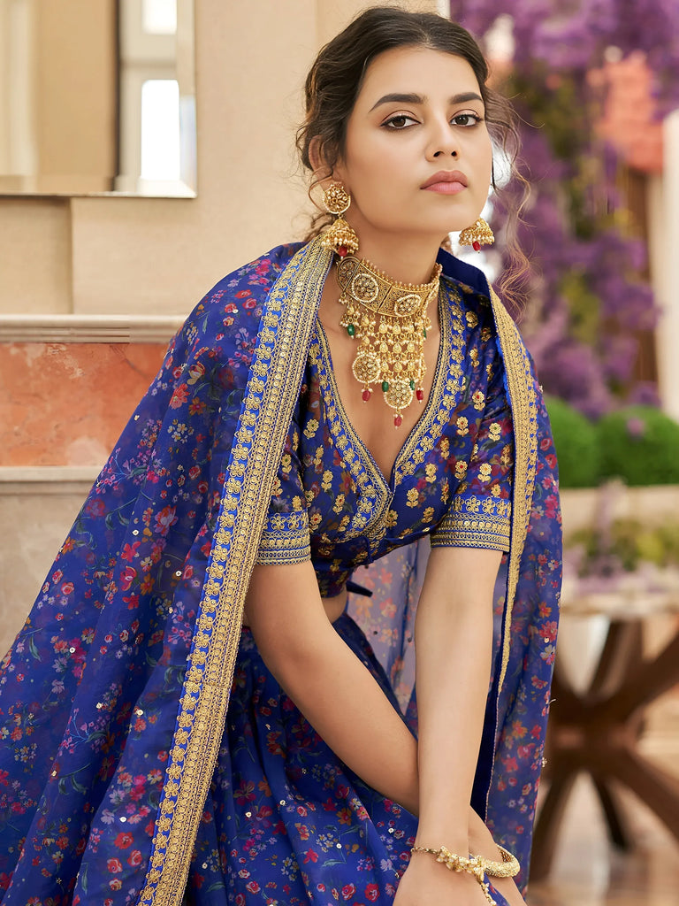 Majestic Blue Floral Printed Organza Bridesmaid Plus Size Lehenga Choli