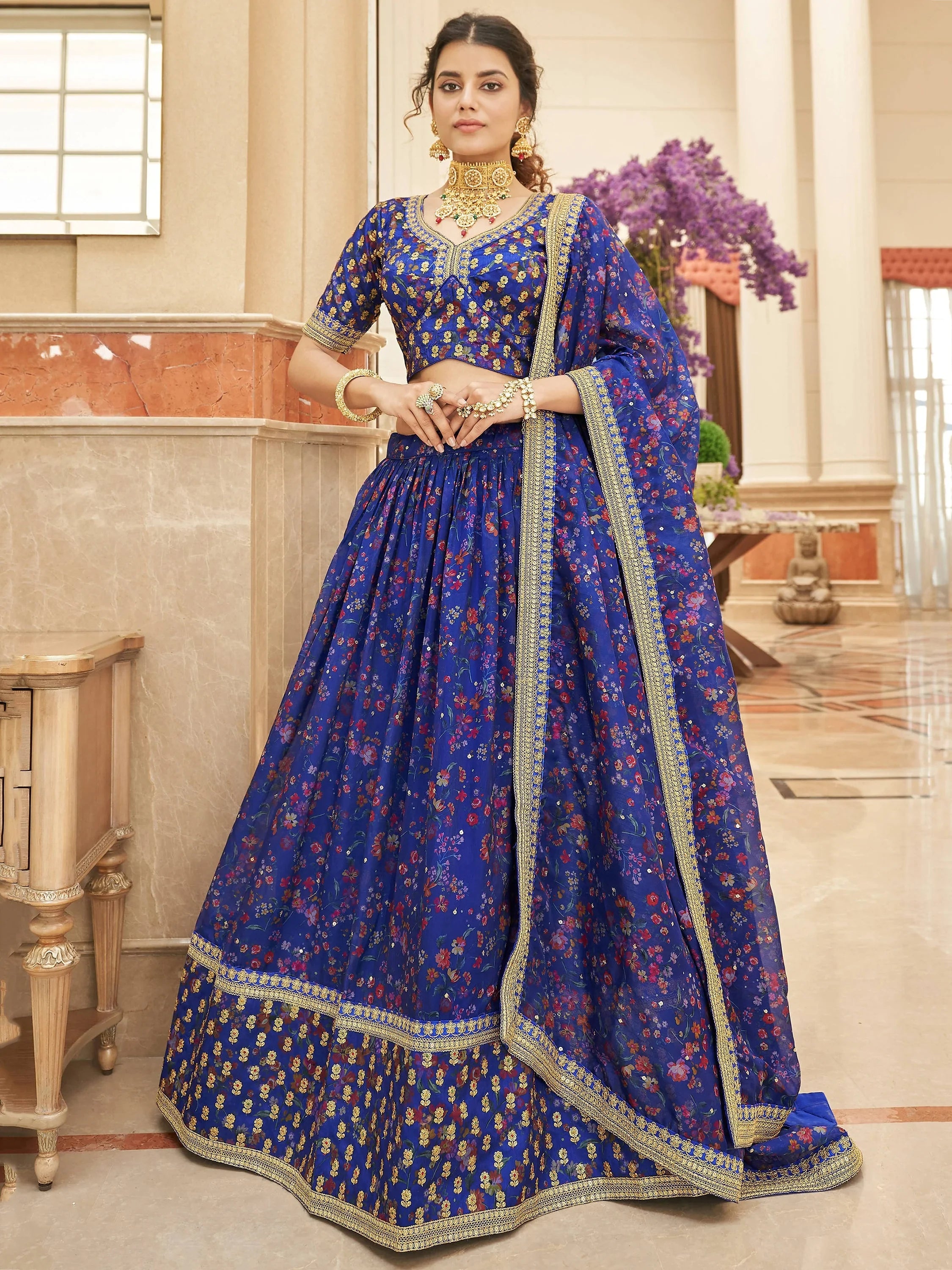 Majestic Blue Floral Printed Organza Bridesmaid Plus Size Lehenga Choli
